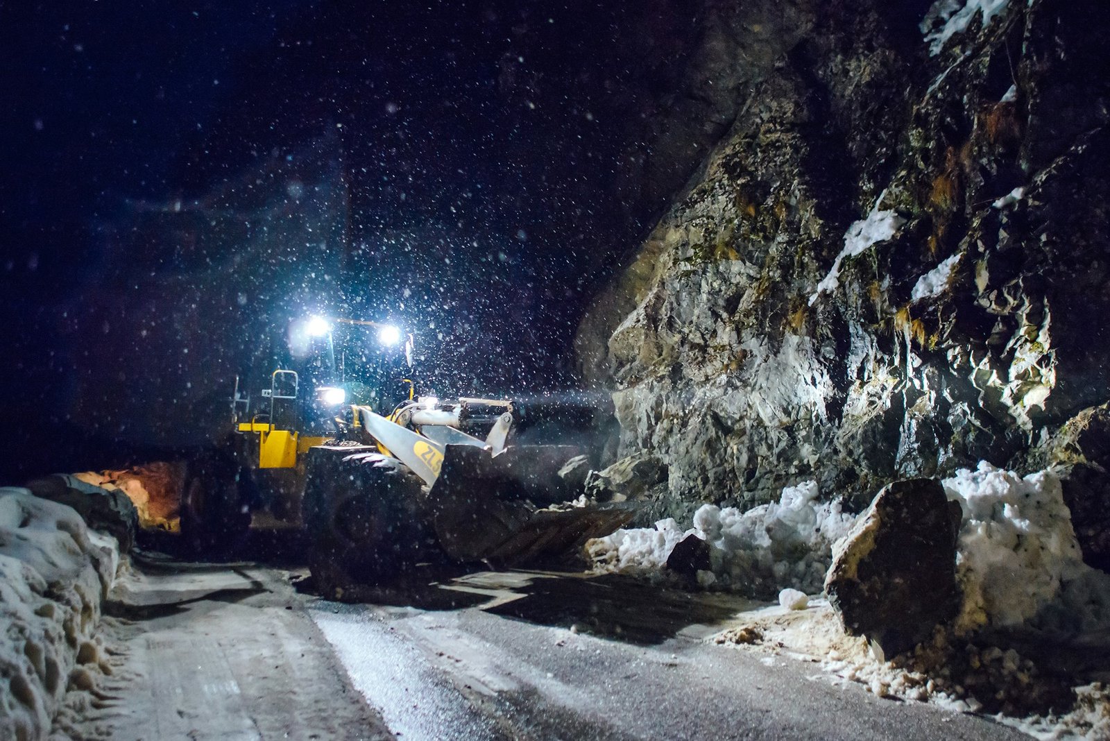 rockfall and landslide in the winter night