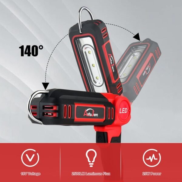Cordless LED Work Light for Milwaukee m18 18V 2500LM Battery Light with Hook Portable Inspection Light for Car Repair, Workshop, Camping, Outdoor (2 Modes, NO Battery) - Image 2
