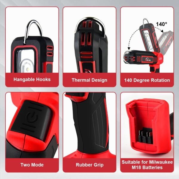 Cordless LED Work Light for Milwaukee m18 18V 2500LM Battery Light with Hook Portable Inspection Light for Car Repair, Workshop, Camping, Outdoor (2 Modes, NO Battery) - Image 7