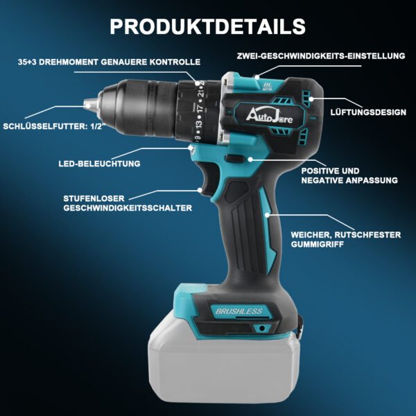 AUTOJARE Cordless Impact Drill Compatible with Makita 18V 13MM Brushless Drill Driver 35+3 Torque Levels 90 N.m 2 Adjustable Levels Cordless Drill - Image 9