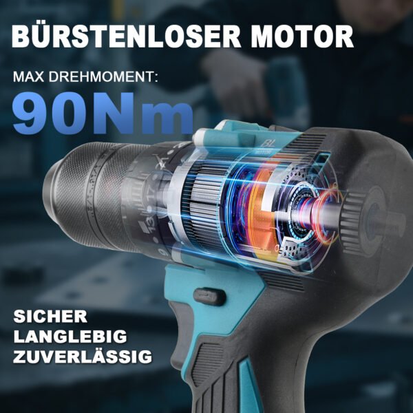 AUTOJARE Cordless Impact Drill Compatible with Makita 18V 13MM Brushless Drill Driver 35+3 Torque Levels 90 N.m 2 Adjustable Levels Cordless Drill - Image 2