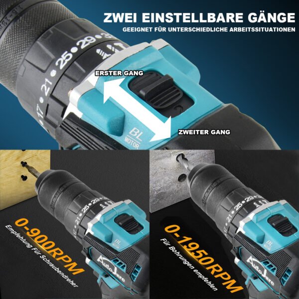 AUTOJARE Cordless Impact Drill Compatible with Makita 18V 13MM Brushless Drill Driver 35+3 Torque Levels 90 N.m 2 Adjustable Levels Cordless Drill - Image 4