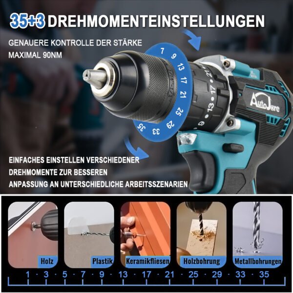 AUTOJARE Cordless Impact Drill Compatible with Makita 18V 13MM Brushless Drill Driver 35+3 Torque Levels 90 N.m 2 Adjustable Levels Cordless Drill - Image 5